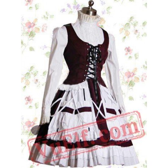 White And Bordeaux Cotton Stand Collar Bandage Sweet Lolita Dres