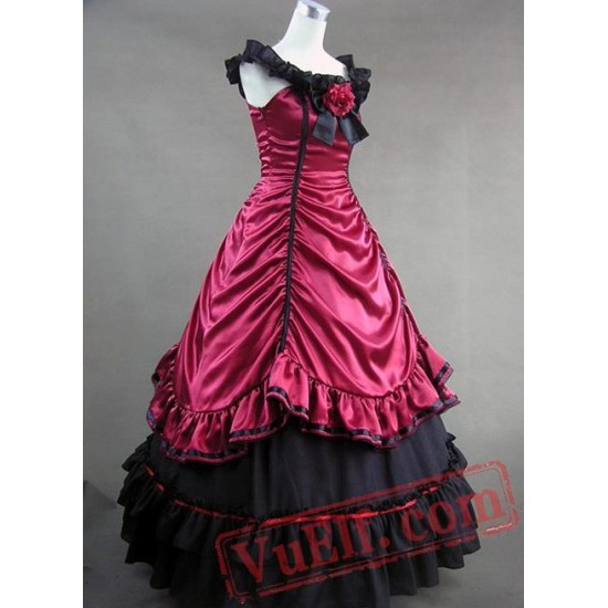 Deep Red and Black Satin Gothic Victorian Gown