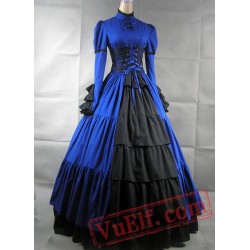 Blue and Black Long Sleeves Gothic Victorian Dress