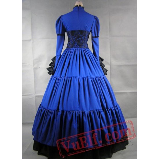 Blue and Black Long Sleeves Gothic Victorian Dress