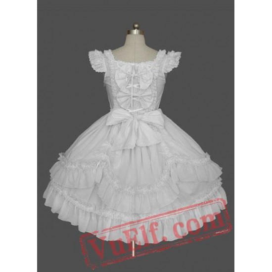 White Cap Sleeves Bow Lace Cotton Sweet Lolita Dress