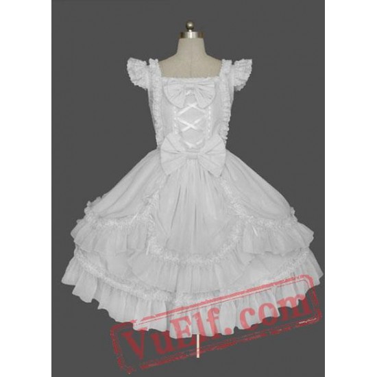 White Cap Sleeves Bow Lace Cotton Sweet Lolita Dress