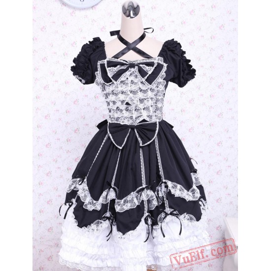 Short Sleeves Cotton Bow Black And White Gothic Lolita Dress