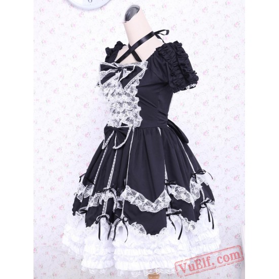 Short Sleeves Cotton Bow Black And White Gothic Lolita Dress