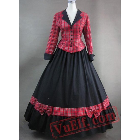 Red Plaid Long Sleeves Noble Victorian Dress