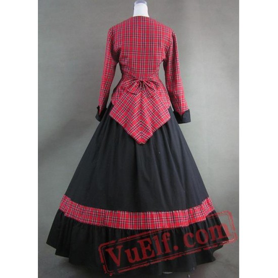 Red Plaid Long Sleeves Noble Victorian Dress