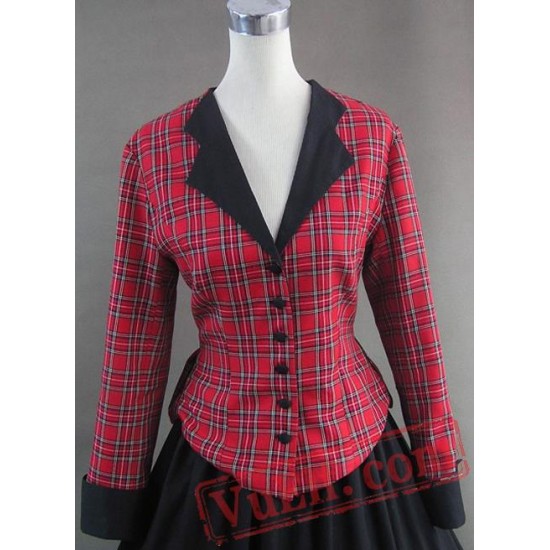 Red Plaid Long Sleeves Noble Victorian Dress