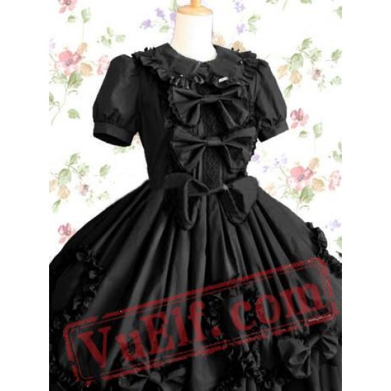 Black Short Sleeves Bows Cotton Gothic Lolita Dress