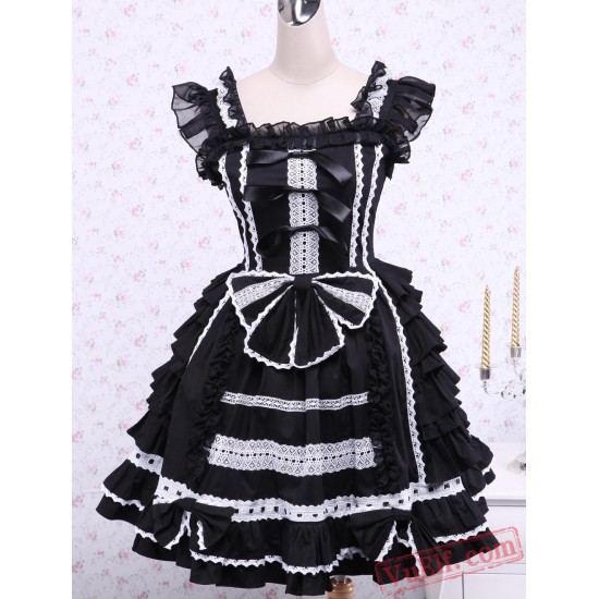 Black Sleeveless Bandage Lace Cotton Gothic Lolita Dress