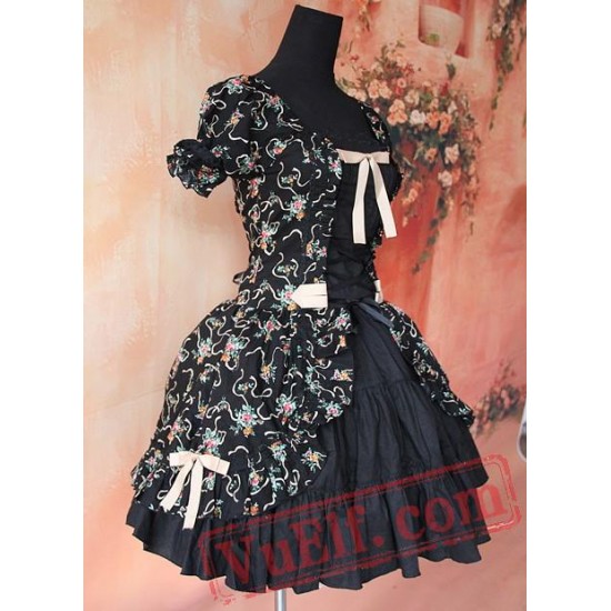 Black Printed Flowers Lolita One Piece Dress