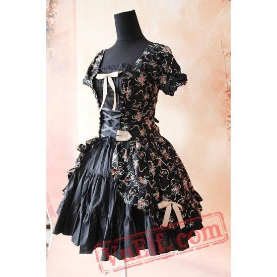 Black Printed Flowers Lolita One Piece Dress