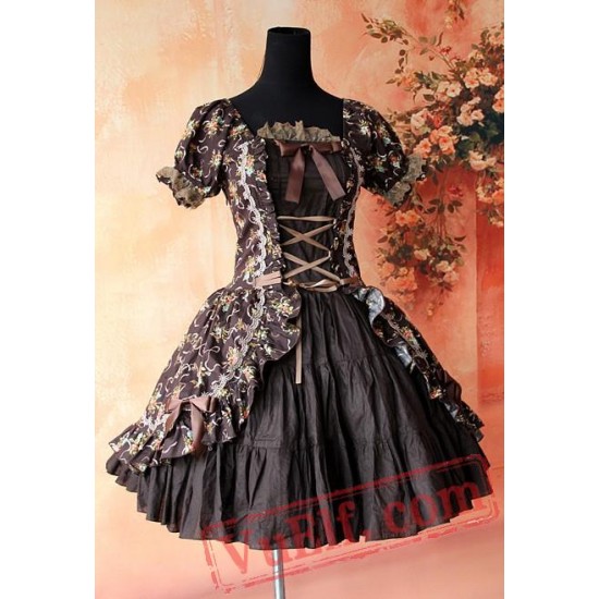 Dark Brown Printed Flowers Lolita One Piece Dress