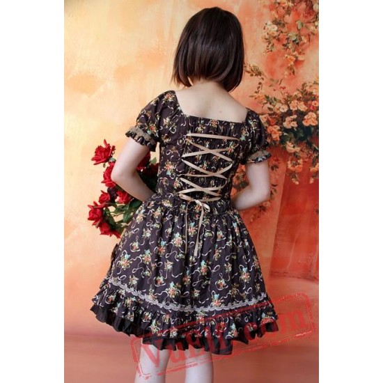 Dark Brown Printed Flowers Lolita One Piece Dress