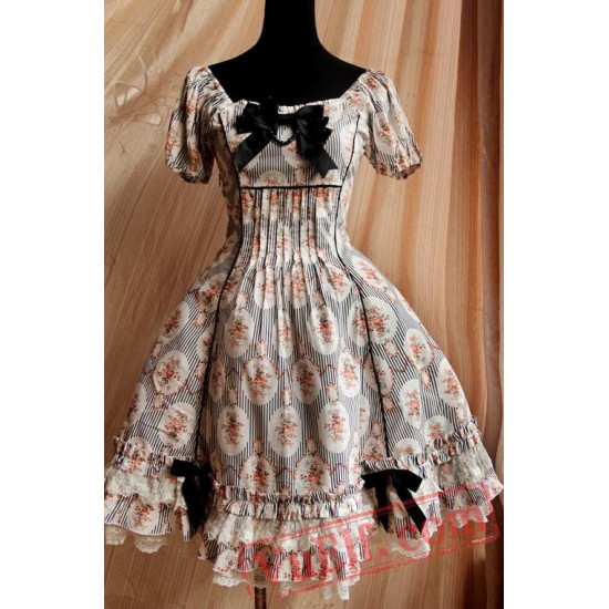 Black Circle Flowers Lolita Short Sleeves Dress