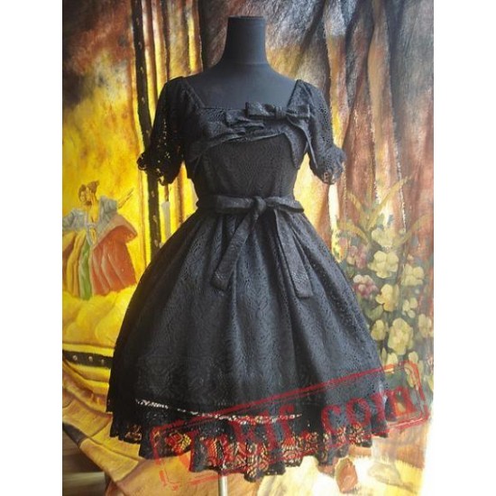 Black Gothic Lolita Dress Multiple Bows Lace