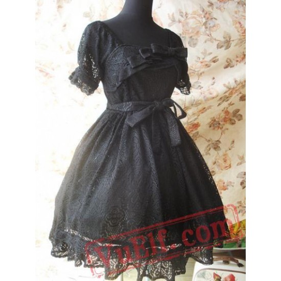 Black Gothic Lolita Dress Multiple Bows Lace