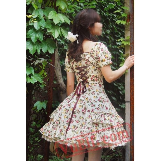 Cotton Floral Prints Lolita Short Sleeves Dress