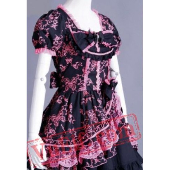 Black and Pink Short Sleeve Knee Length Gothic Lolita Wedding Dr