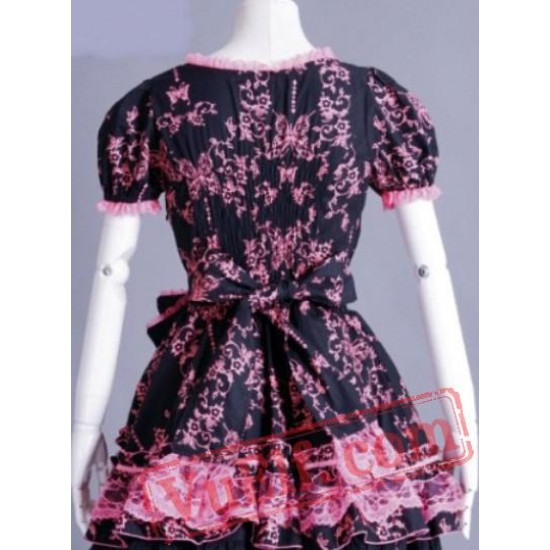 Black and Pink Short Sleeve Knee Length Gothic Lolita Wedding Dr Black and Pink Short Sleeve Knee Length Gothic Lolita Wedding Dr