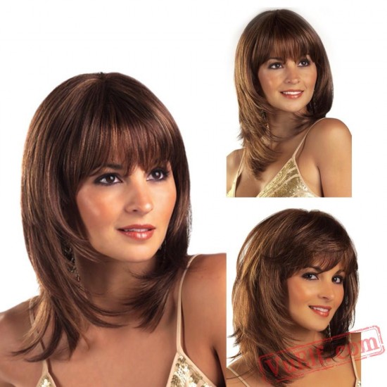 Puffy Mid Length Brown Wigs for Women