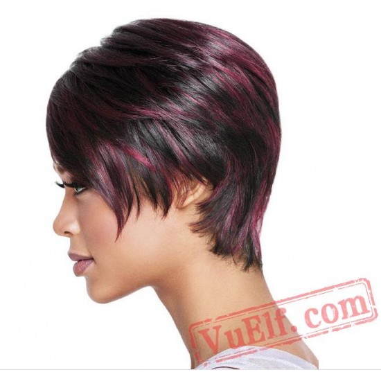 Short Curly Black & Purple Wigs for Women