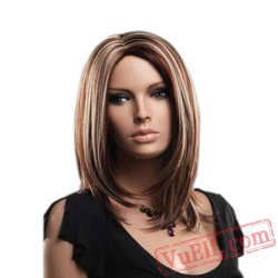 Brown & White Mid Length Wigs for Women