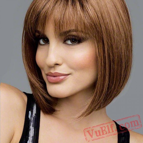 Mid Length Brown Straight BOBO Wigs for Women