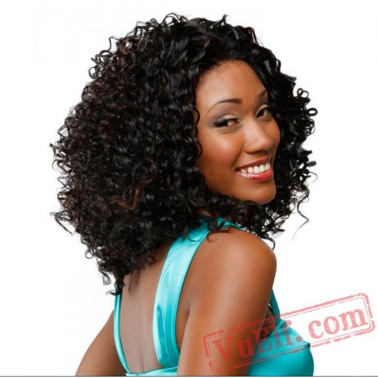 Mid Length Puffy Black & Brown Curly Wigs for Women