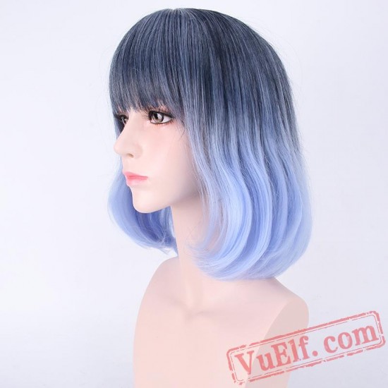 Mid-Length Curly Blue & Black Cosplay Wigs for Women