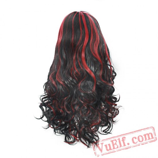 Black & Red Long Curly Wigs for Women