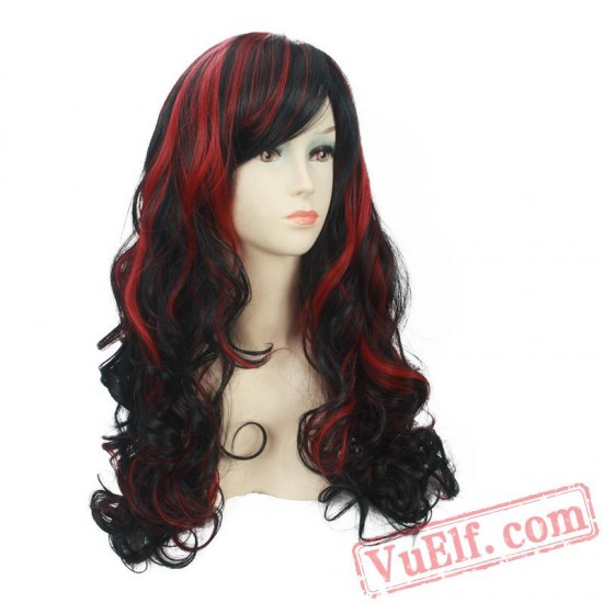 Black & Red Long Curly Wigs for Women