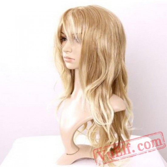 Long Curly Light Gold Puffy Wigs for Women