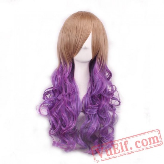 Peach & Purple Long Curly Wigs for Women