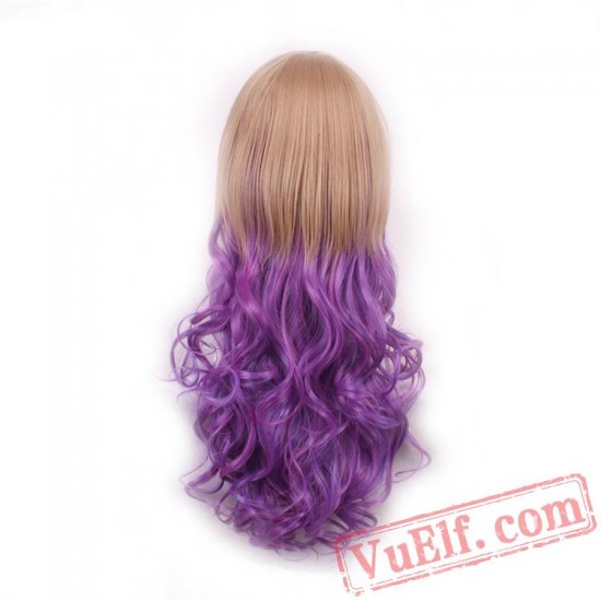 Peach & Purple Long Curly Wigs for Women