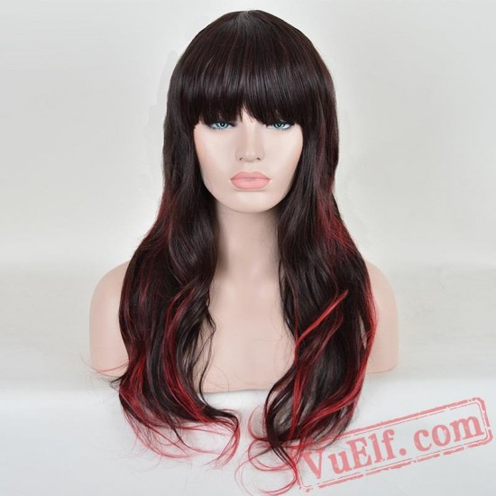 Red & Black Long Curly Wigs for Women