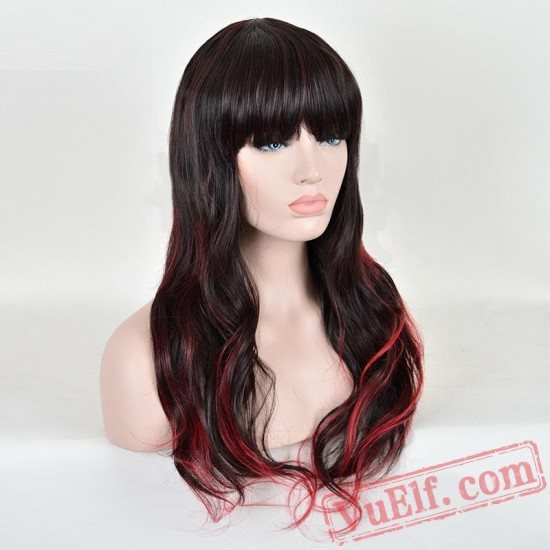 Red & Black Long Curly Wigs for Women