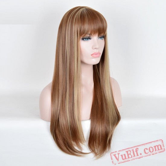 Gold Long Straight Cosplay Wigs for Women