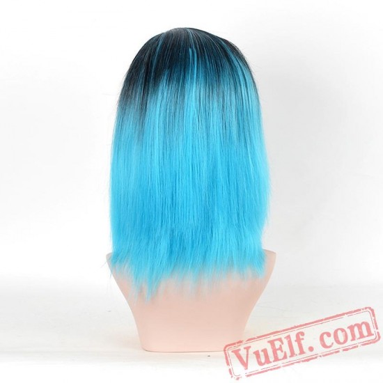 Blue & Black Long Straight Wigs for Women