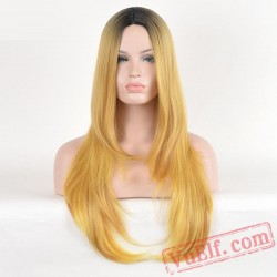 Long Straight Gold Wigs for Women