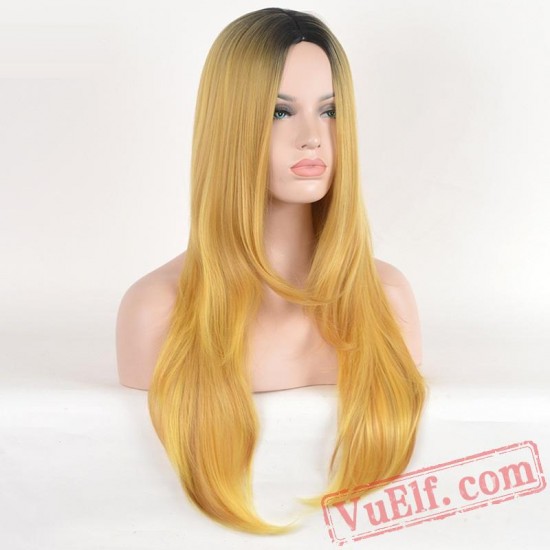 Long Straight Gold Wigs for Women