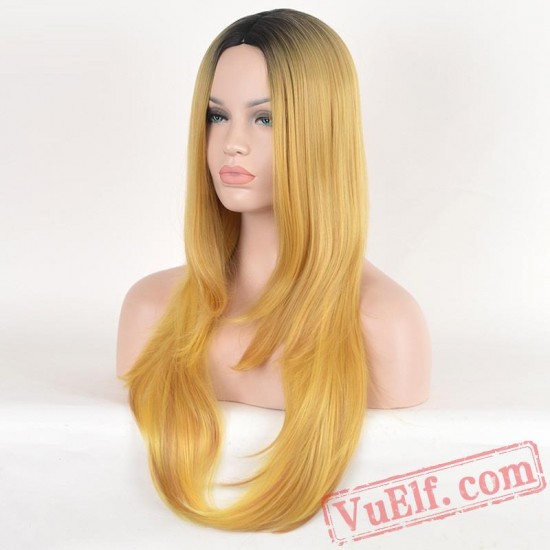 Long Straight Gold Wigs for Women