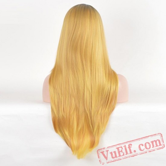 Long Straight Gold Wigs for Women