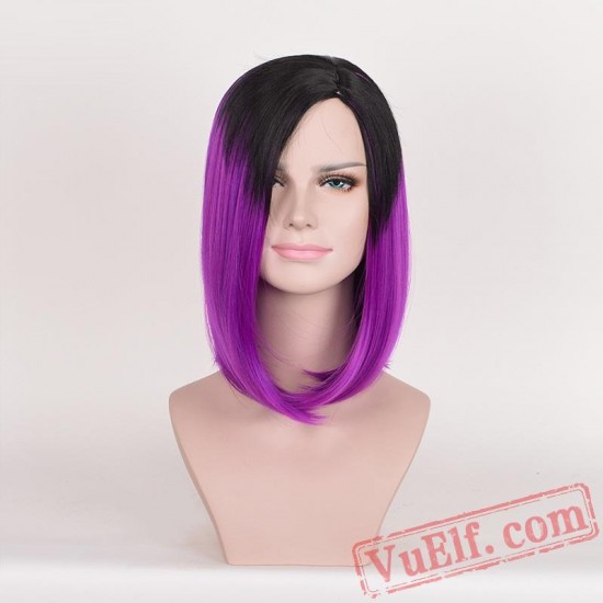 Black & Purple Mid-length Straight Wigs for Women