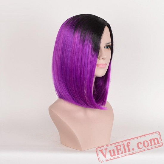 Black & Purple Mid-length Straight Wigs for Women