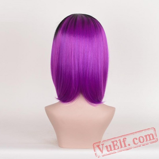 Black & Purple Mid-length Straight Wigs for Women