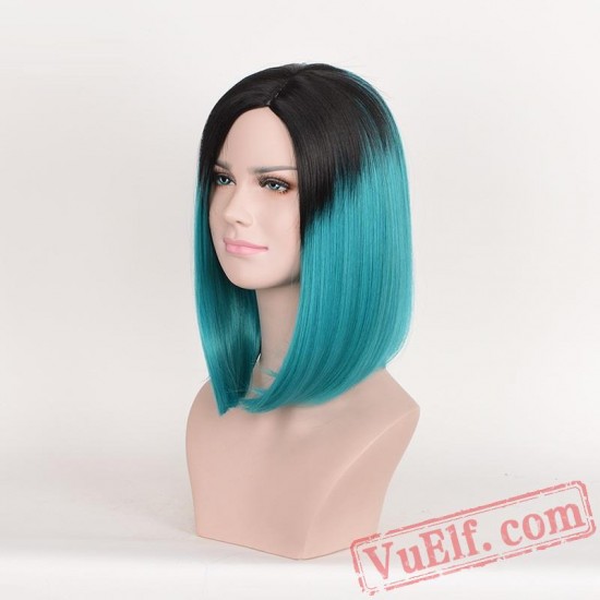 Black & Green Mid-length Wigs for Women