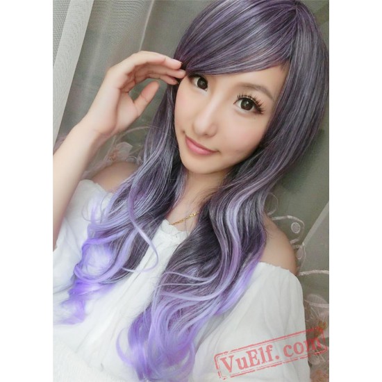 Purple Long Curly Wigs for Women