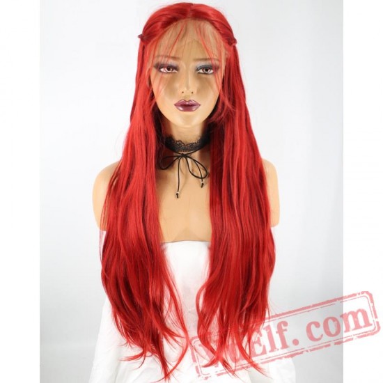 Peruca Braided Long Natural Wave Red Lace Front Wig Women