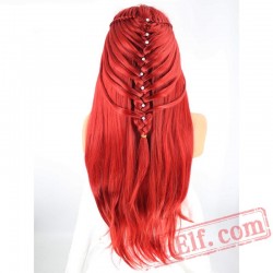 Peruca Braided Long Natural Wave Red Lace Front Wig Women