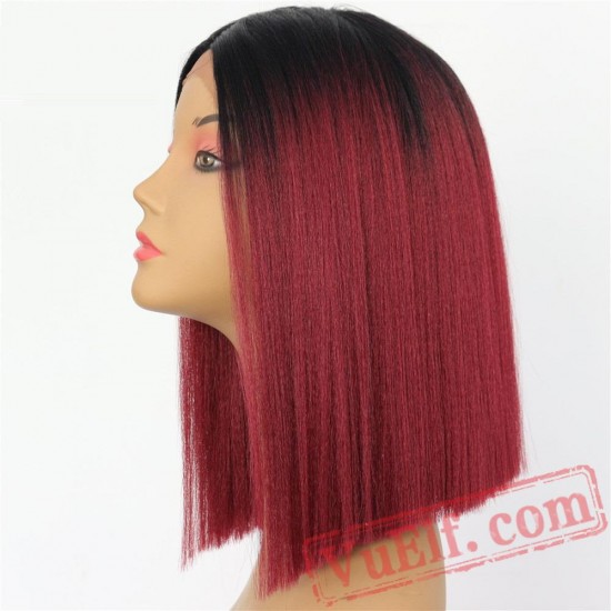 Black Red Short Bob Light Yaki Hair Lace Front Party Wigs